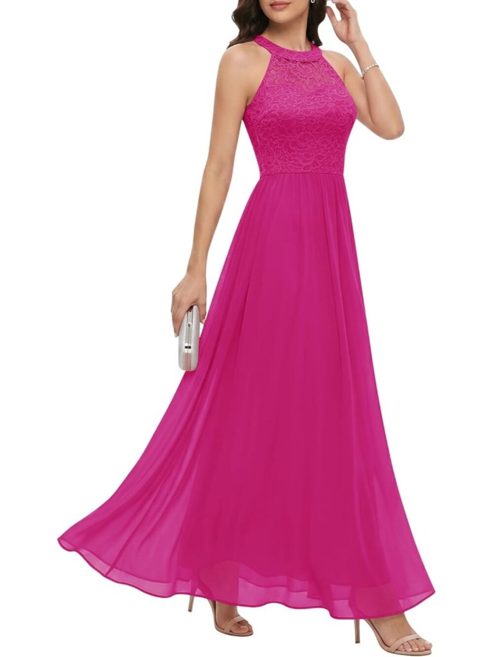 Women's Fuchsia Halter Neck Floral Lace Bridesmaid Cocktail Bodycon Maxi Dress
